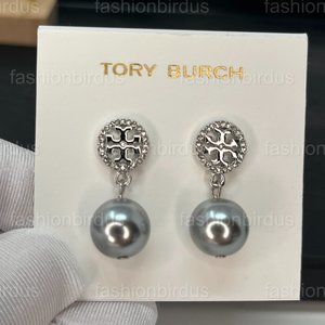 Tory Burch Pavé Circle Crystal Logo Pearl Drop Earring in Silver (NWT)